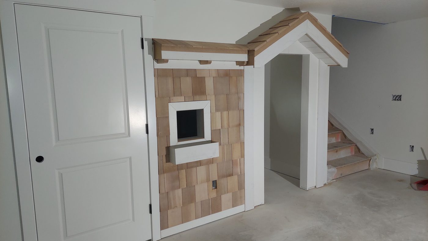 Custom mudroom built-in with shiplap